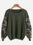 Romwe Army Green Contrast Camo Print Sleeve Zip Detail Sweater