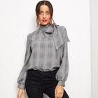 Romwe Side Bow Tie Glen Plaid Top