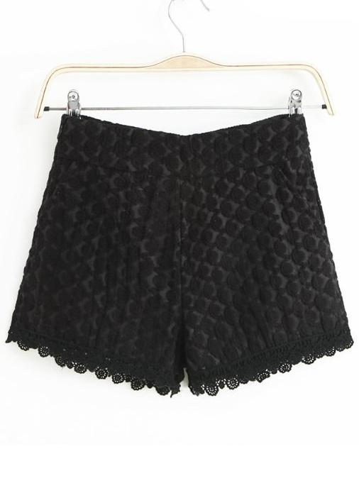 Romwe Embroidered Organza Lace Black Shorts