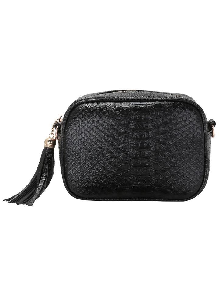 Romwe Black Crocodile Embossed Pu Fringe Bag
