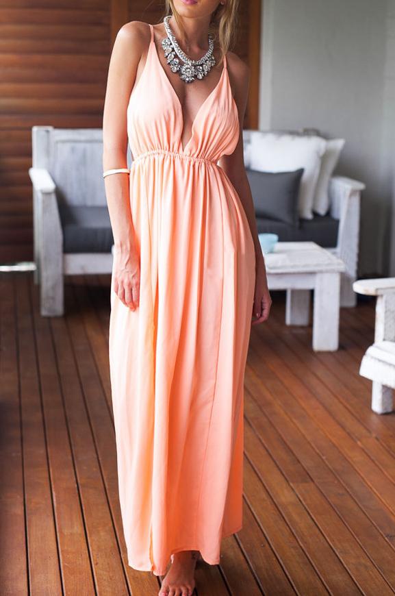 Romwe Deep V Neck Backless With Split Dress