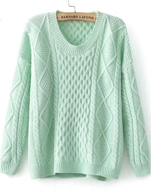Romwe Diamond Patterned Knit Green Sweater