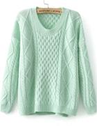 Romwe Diamond Patterned Knit Green Sweater