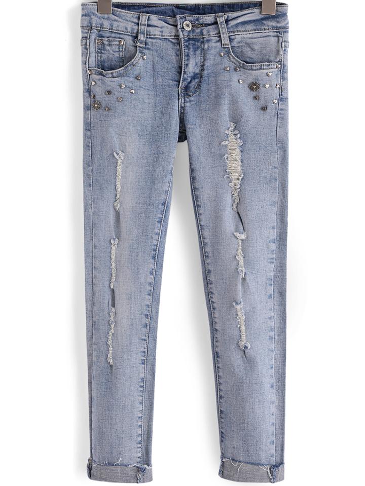 Romwe Ripped With Rivet Denim Pant