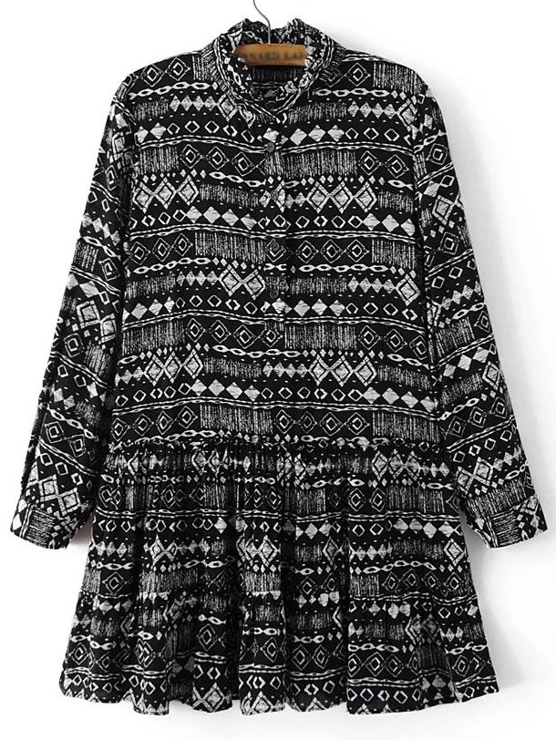 Romwe Black Printed Button Pleated Dress