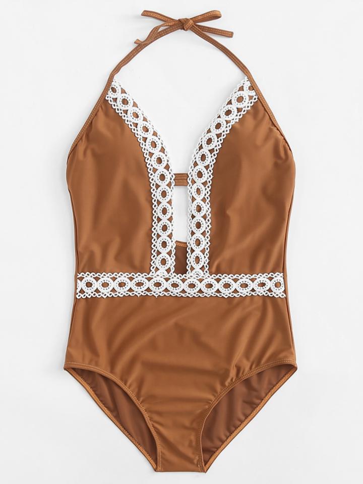 Romwe Crochet Lace Halter Swimsuit