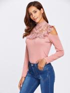 Romwe Open Shoulder Floral Lack Yoke Tee