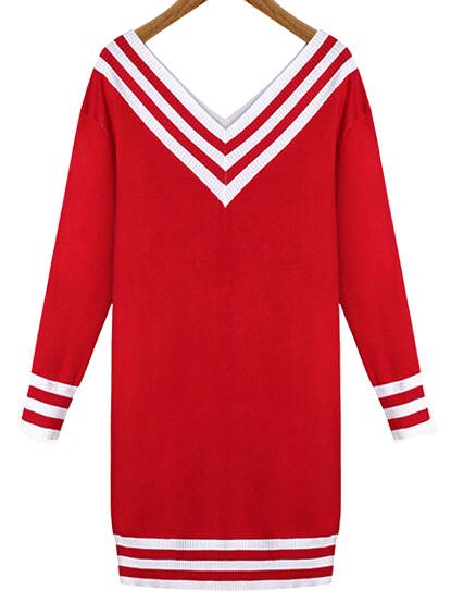 Romwe V Neck Striped Red Sweater Dress