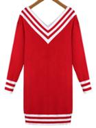 Romwe V Neck Striped Red Sweater Dress