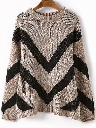 Romwe Dropped Shoulder Seam Chevron Print Khaki Jumper