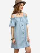 Romwe Blue Shirred Cold Shoulder Buttoned Denim Dress