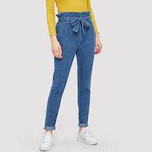 Romwe Knot Front Solid Ruffle Detail Jeans
