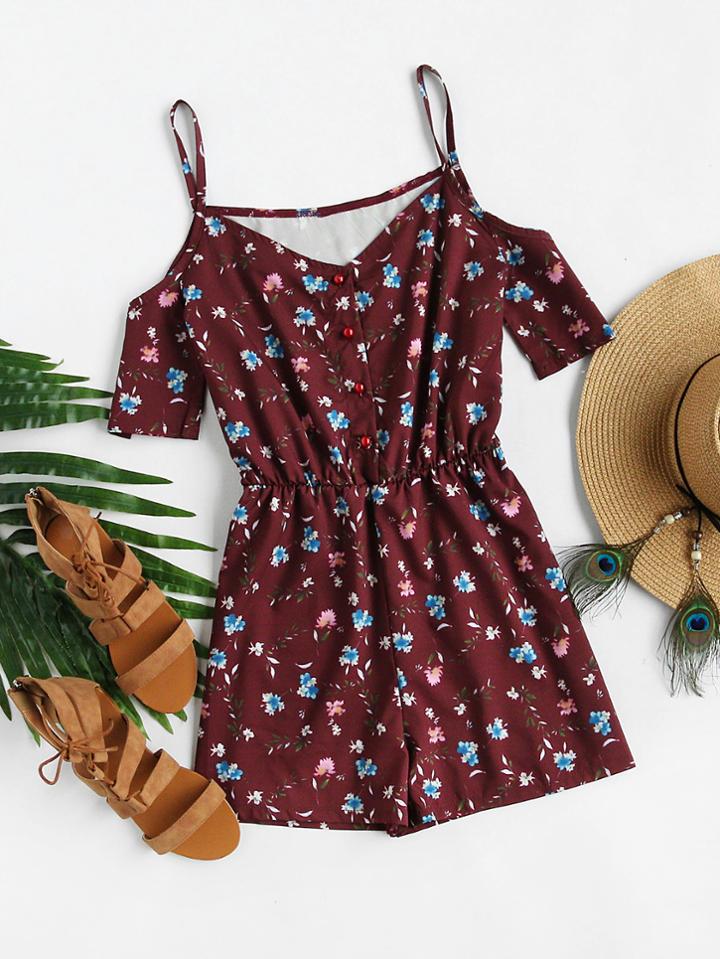 Romwe Open Shoulder Ditsy Print Random Single Breasted Romper