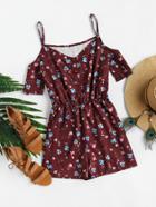 Romwe Open Shoulder Ditsy Print Random Single Breasted Romper