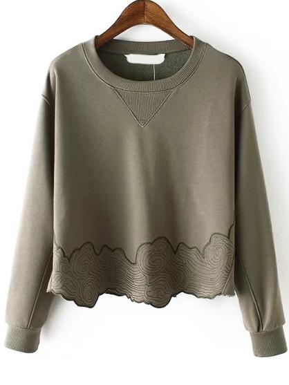 Romwe Long Sleeve Embroidered Loose Green Sweatshirt