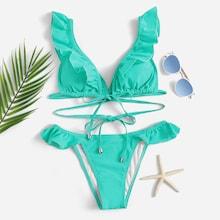Romwe Ruffle Drawstring Plunge Top With Low Rise Bikini