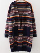 Romwe Navy Tribal Pattern Front Pocket Drop Shoulder Sweater Coat