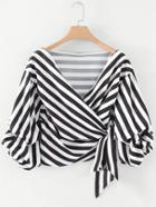 Romwe Ruched Sleeve Self Tie Surplice Striped Blouse