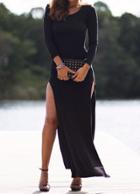 Romwe Black Long Sleeve Split Slim Dress