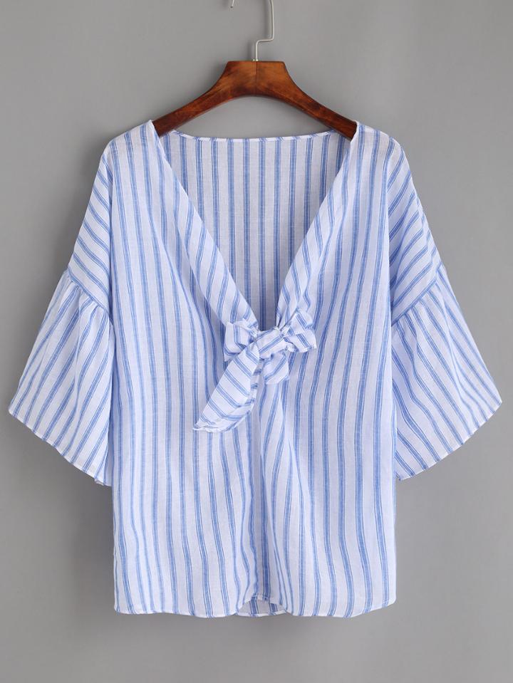 Romwe Blue V Neck Vertical Striped Knotted Blouse