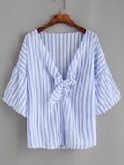 Romwe Blue V Neck Vertical Striped Knotted Blouse