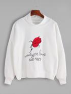 Romwe White High Neck Drop Shoulder Rose Embroidery Sweatshirt