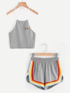 Romwe Rainbow Patch Halter Top And Colorful Trimming Shorts Set