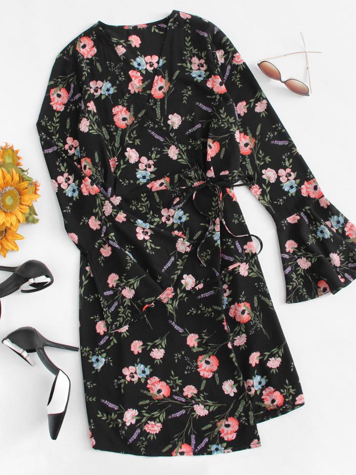 Romwe V Neckline Floral Print Knot Side Dress