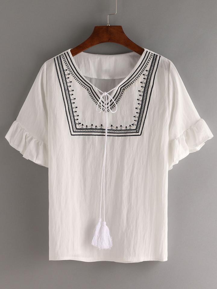 Romwe Tassel-tie Ruffled Sleeve Embroidered Top - White