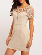 Romwe Lace Crochet Cut Out Suede Sheath Apricot Dress
