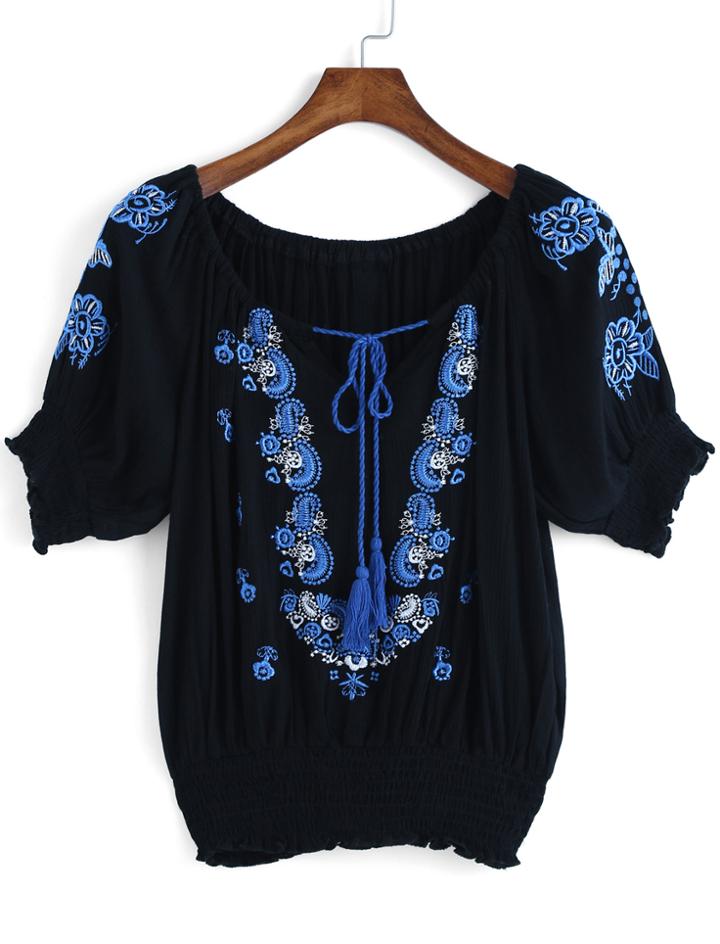 Romwe Short Sleeve Embroidered Top