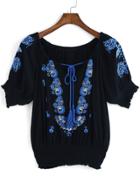 Romwe Short Sleeve Embroidered Top