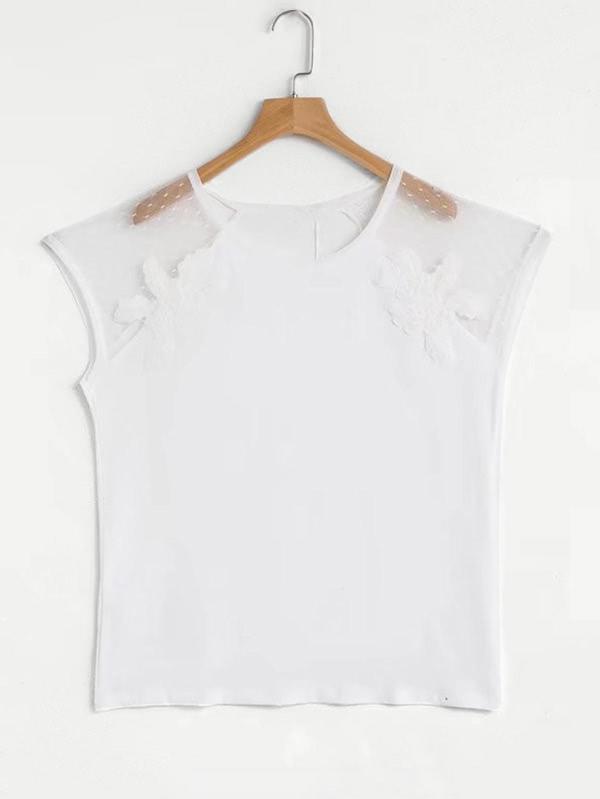 Romwe Embroidered Flower Mesh Panel Tee