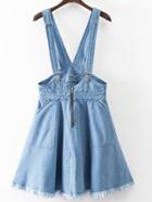 Romwe Blue Zipper Front Pocket Fringe Trim Denim Strap Skirt