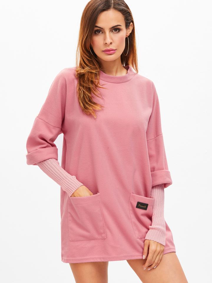 Romwe Drop Shoulder Contrast Sleeve Patch Pockets 2 In 1 Dress