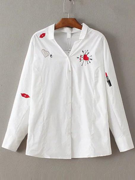 Romwe White Embroidery Buttons Front Blouses