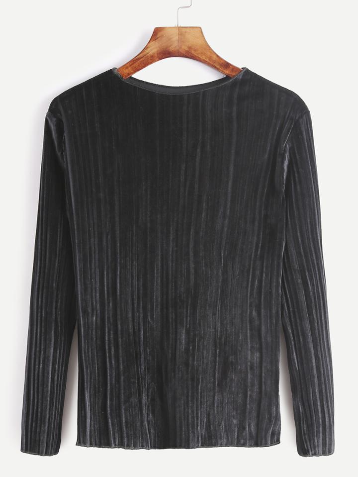 Romwe Black Velvet Pleated Long Sleeve T-shirt