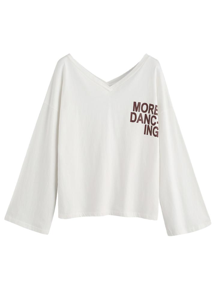 Romwe White Letters Print V Neck T-shirt