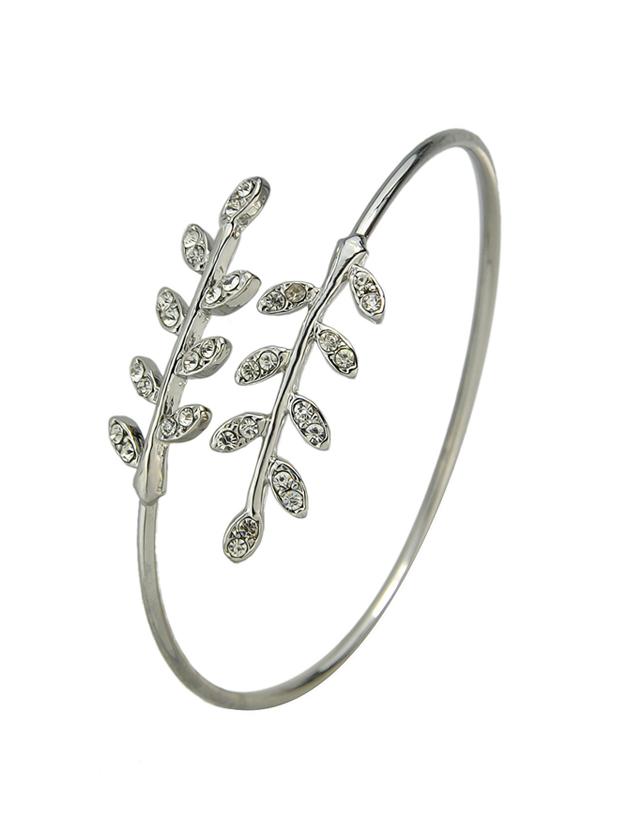 Romwe Silver Rhinestone Leaf Shape Adjustable Bracelet