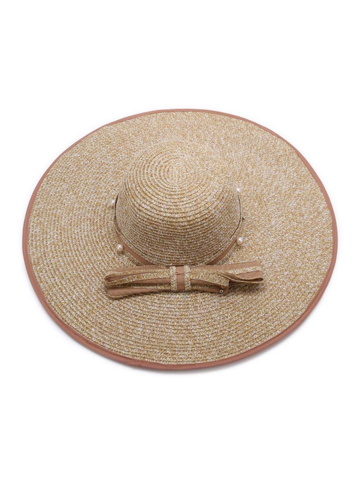Romwe Khaki Faux Pearl Straw Hat With Bow Tie