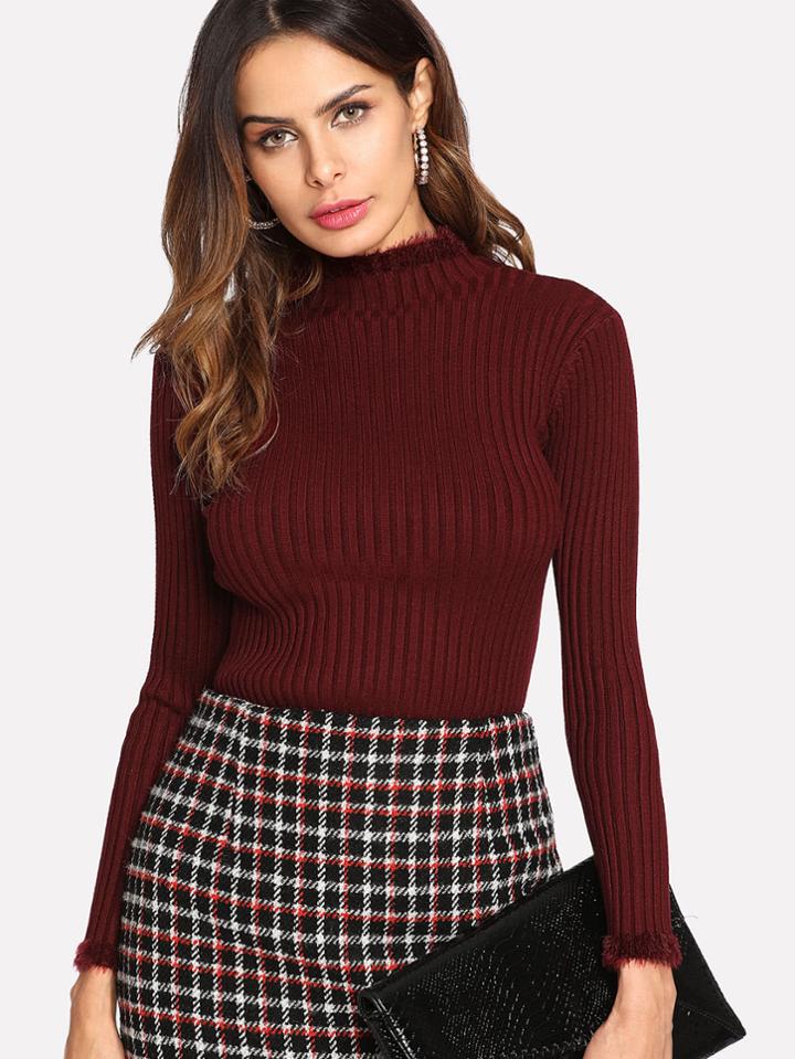 Romwe Faux Fur Trim Ribbed Sweater
