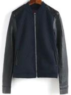Romwe Contrast Sleeve Zipper Navy Sweatshirt