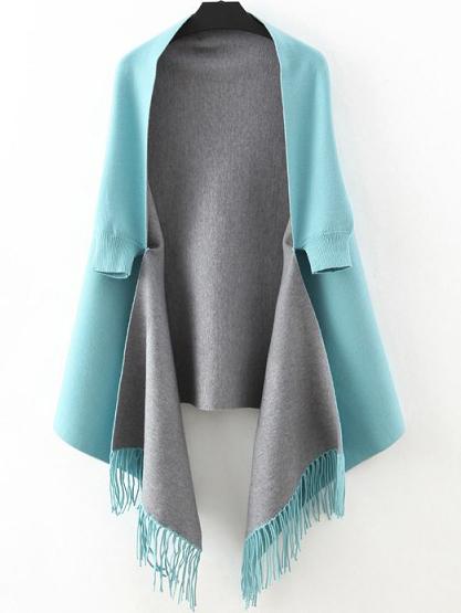 Romwe Elbow Sleeve Fringe Blue Poncho Sweater