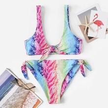 Romwe Tie Dye Tie Front Top With Tie Side Bikini