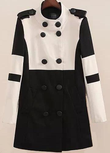 Romwe Double Breasted Epaulet Black And White Coat