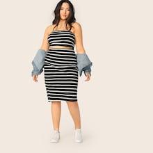 Romwe Plus Striped Bandeau Top & Pencil Skirt Set
