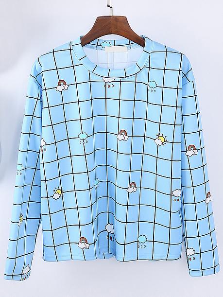 Romwe Round Neck Plaid Cloud Print Sweatshirt