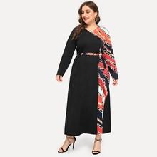 Romwe Plus Contrast Chain Print Belted Dress