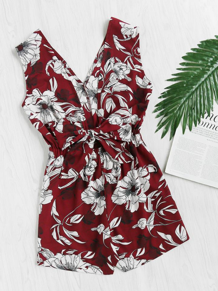Romwe V Neckline Floral Print Random Bow Tie Romper