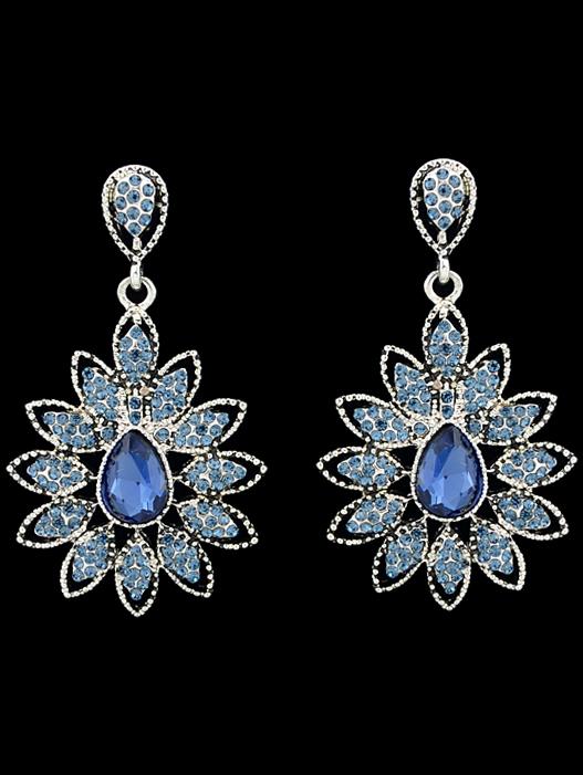 Romwe Blue Drop Diamond Flower Earrings